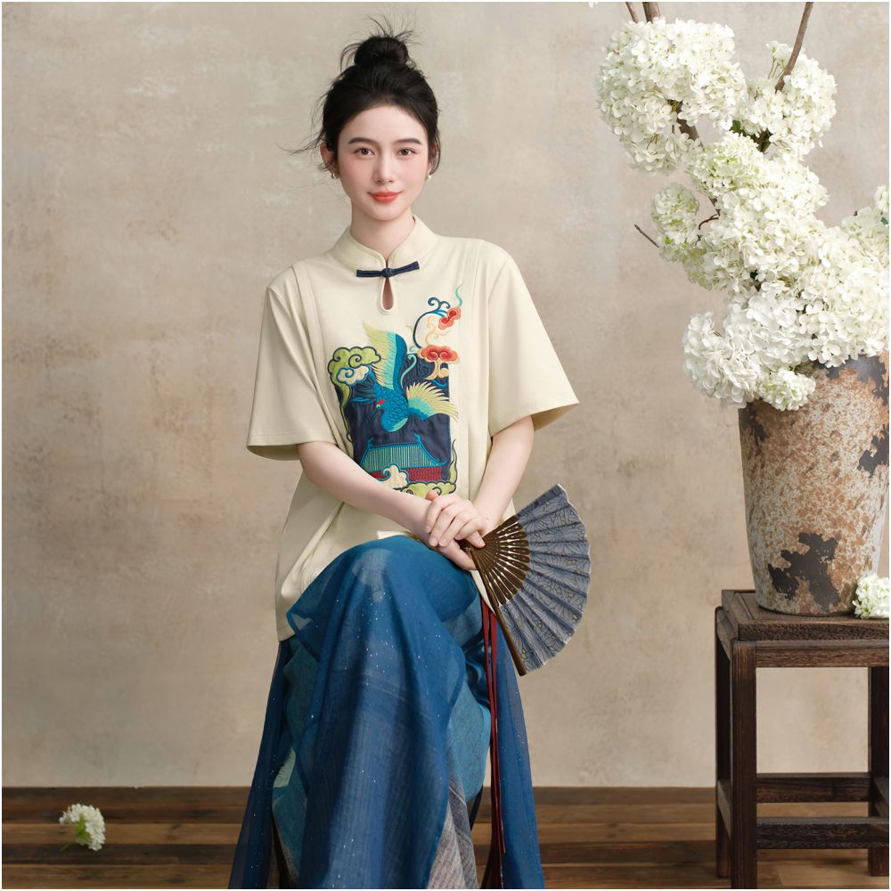 Su Luo s original Auspicious Crane Painting Cranes Dancing in the Golden Palace Xia Xin Chinese style buttoned stand up collar top with Chinese style embroidery T shirt image 0