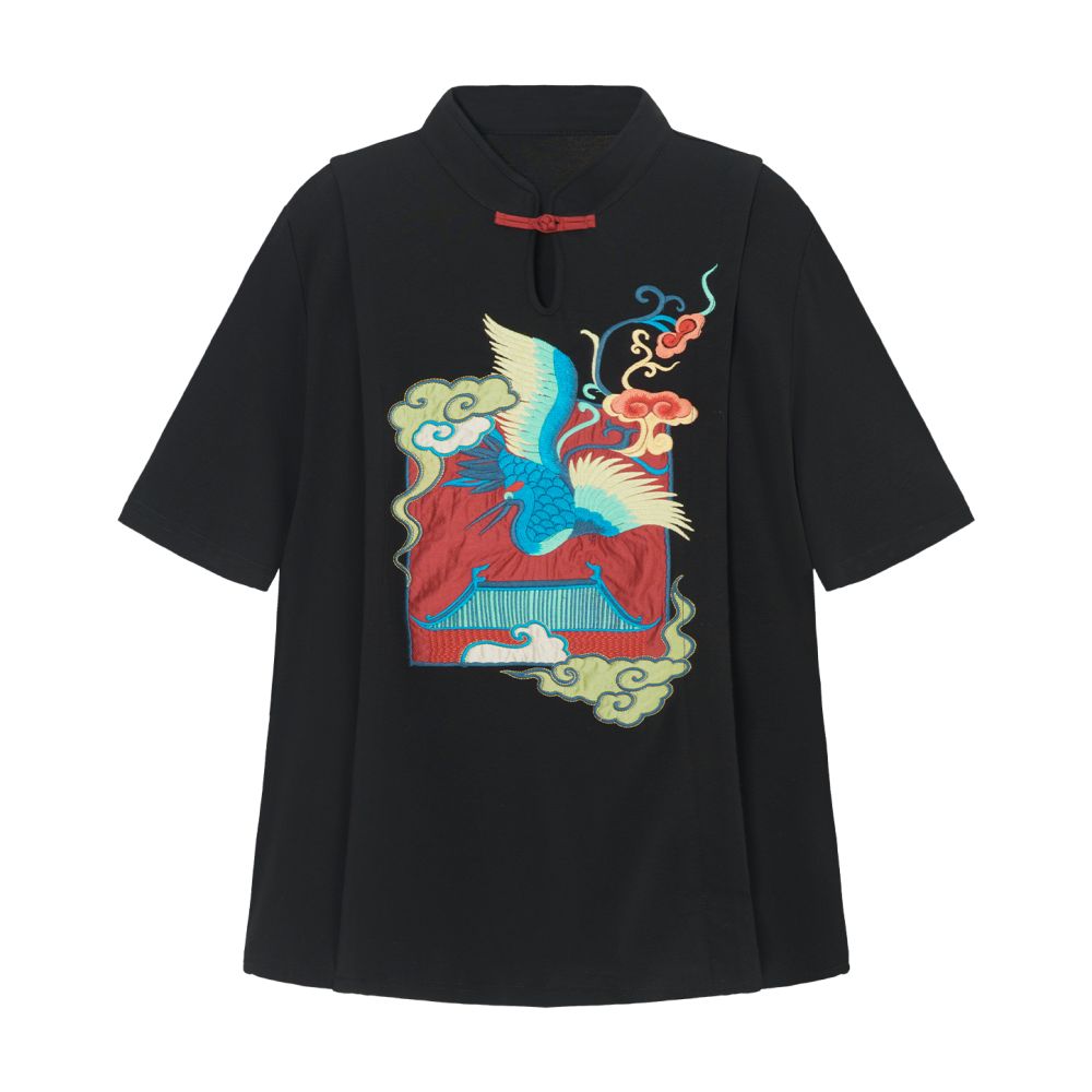 Su Luo s original Auspicious Crane Painting Cranes Dancing in the Golden Palace Xia Xin Chinese style buttoned stand up collar top with Chinese style embroidery T shirt image 6