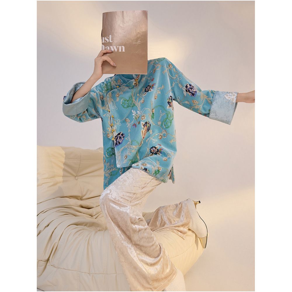 Tangdou Couture Flower Blue New Chinese Style Sequin Embroidery Old Money Style High end Tops and Jackets for Women image 2