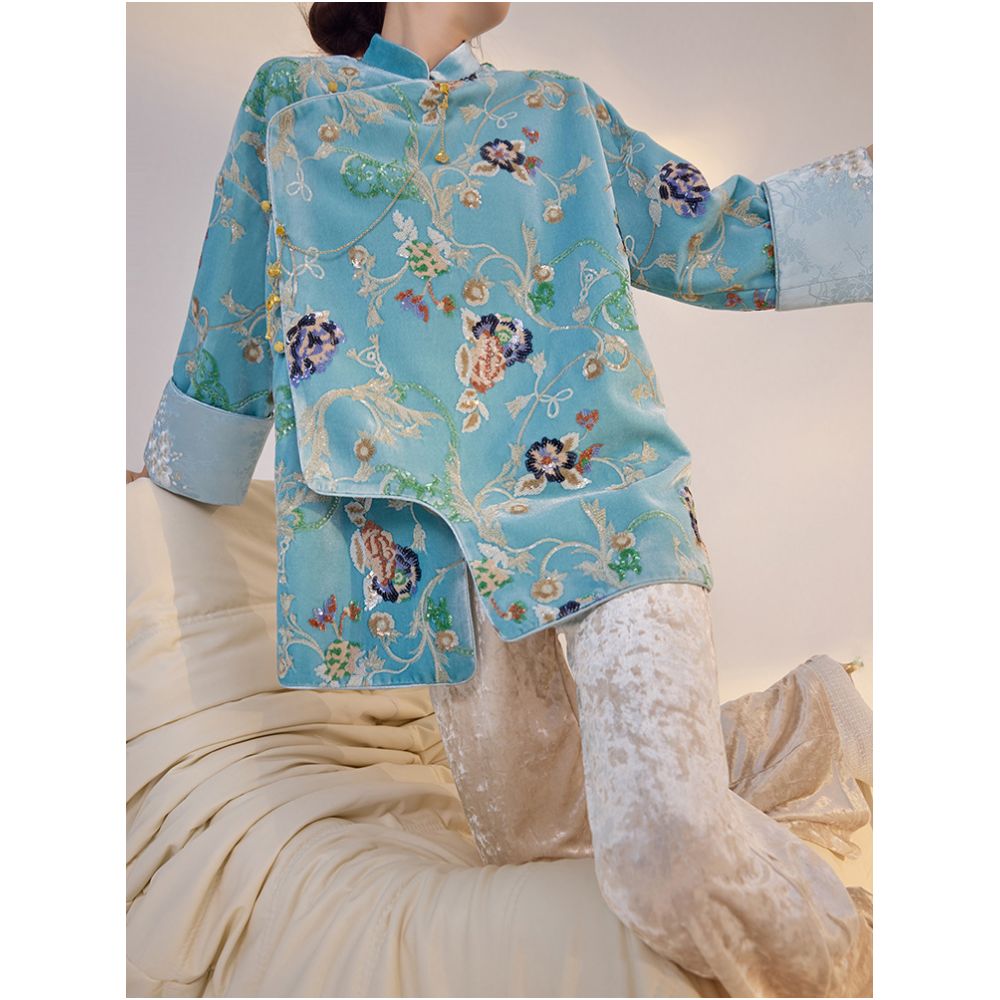 Tangdou Couture Flower Blue New Chinese Style Sequin Embroidery Old Money Style High end Tops and Jackets for Women image 4