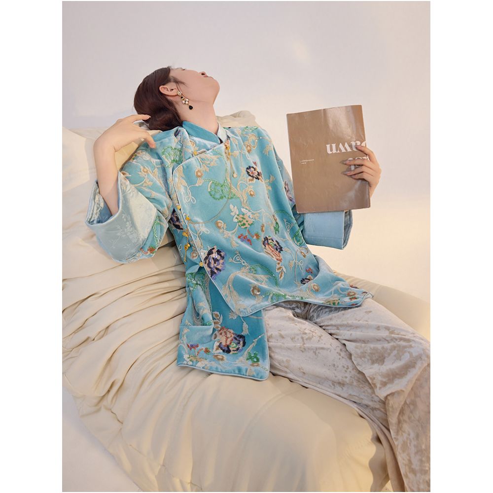 Tangdou Couture Flower Blue New Chinese Style Sequin Embroidery Old Money Style High end Tops and Jackets for Women image 5