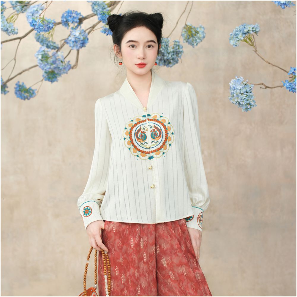 Su Luo Original Dreaming of the Silk Road Rainbow Jade Autumn New Vertical Striped Satin Chinese Style Embroidered Shirt image 2