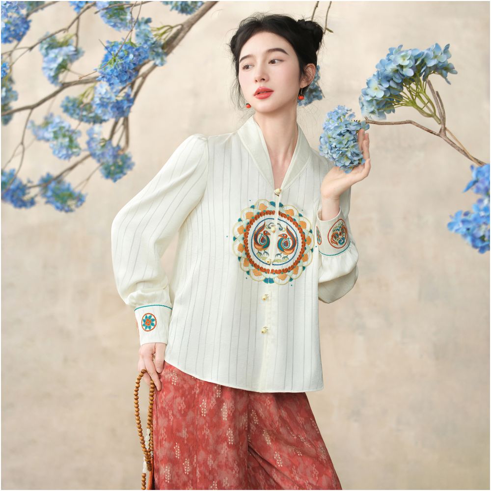 Su Luo Original Dreaming of the Silk Road Rainbow Jade Autumn New Vertical Striped Satin Chinese Style Embroidered Shirt image 0
