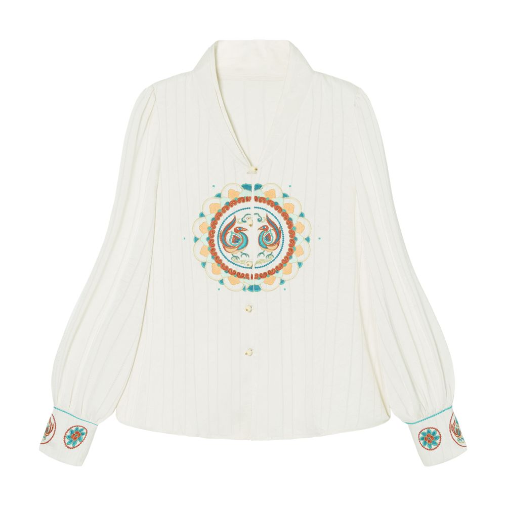 Su Luo Original Dreaming of the Silk Road Rainbow Jade Autumn New Vertical Striped Satin Chinese Style Embroidered Shirt image 7