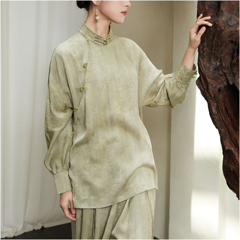 Anytime Guanyun Stir dye process New Chinese style stand up collar slant lapel jacquard cool temperament shirt for women image 2