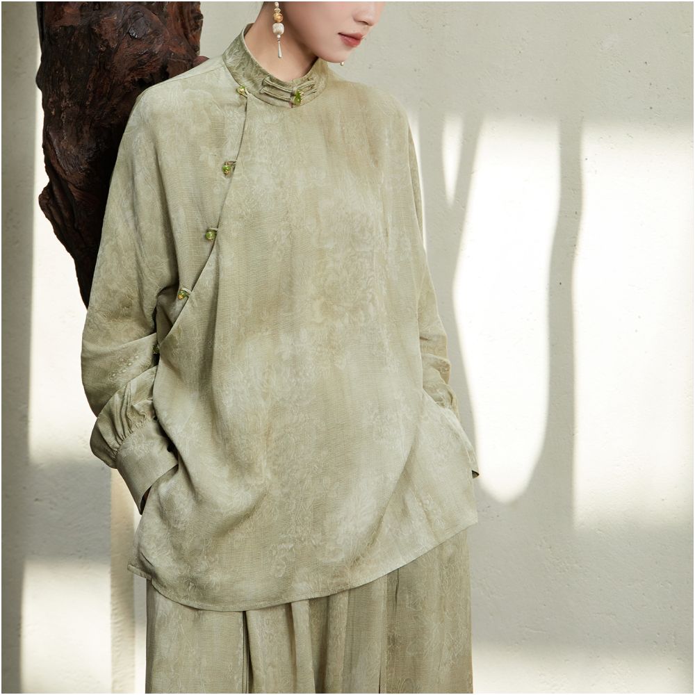 Anytime Guanyun Stir dye process New Chinese style stand up collar slant lapel jacquard cool temperament shirt for women image 3