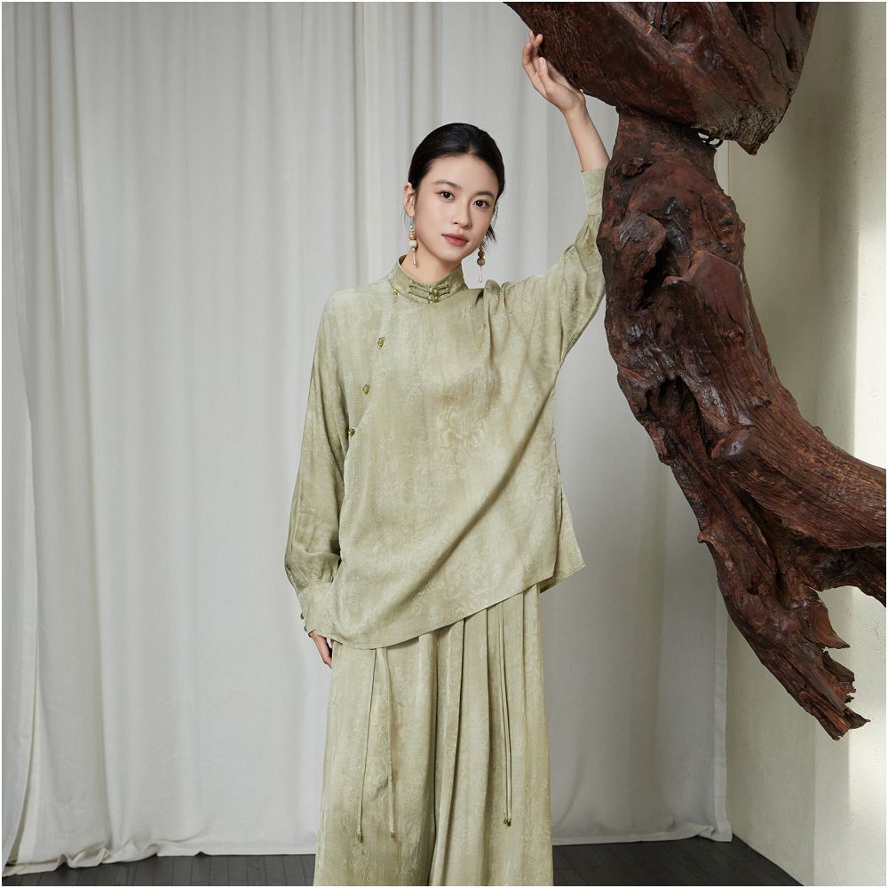 Anytime Guanyun Stir dye process New Chinese style stand up collar slant lapel jacquard cool temperament shirt for women image 4