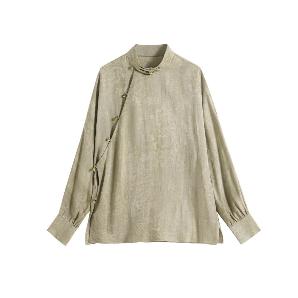 Anytime Guanyun Stir dye process New Chinese style stand up collar slant lapel jacquard cool temperament shirt for women image 5