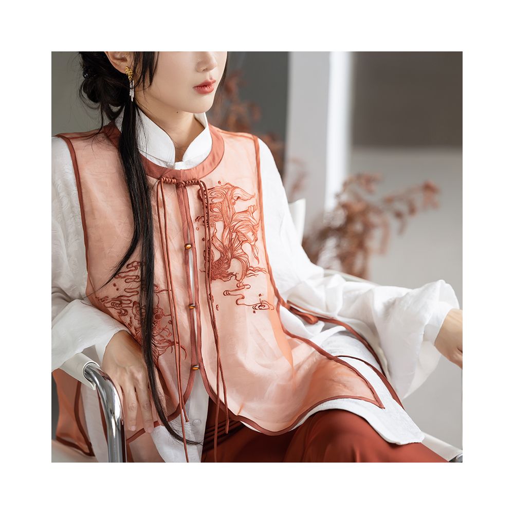 Dream Dream Carp National Style Original Innovation Chinese Embroidery Chinese Style Vest Stand up Collar Shirt Orange Red Slant Cut Fish Tail Skirt Autumn image 2