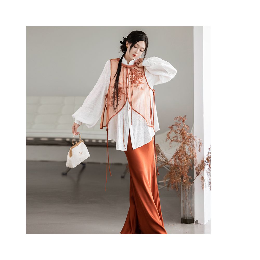 Dream Dream Carp National Style Original Innovation Chinese Embroidery Chinese Style Vest Stand up Collar Shirt Orange Red Slant Cut Fish Tail Skirt Autumn image 3