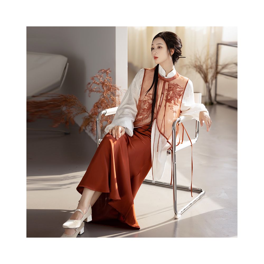 Dream Dream Carp National Style Original Innovation Chinese Embroidery Chinese Style Vest Stand up Collar Shirt Orange Red Slant Cut Fish Tail Skirt Autumn image 4