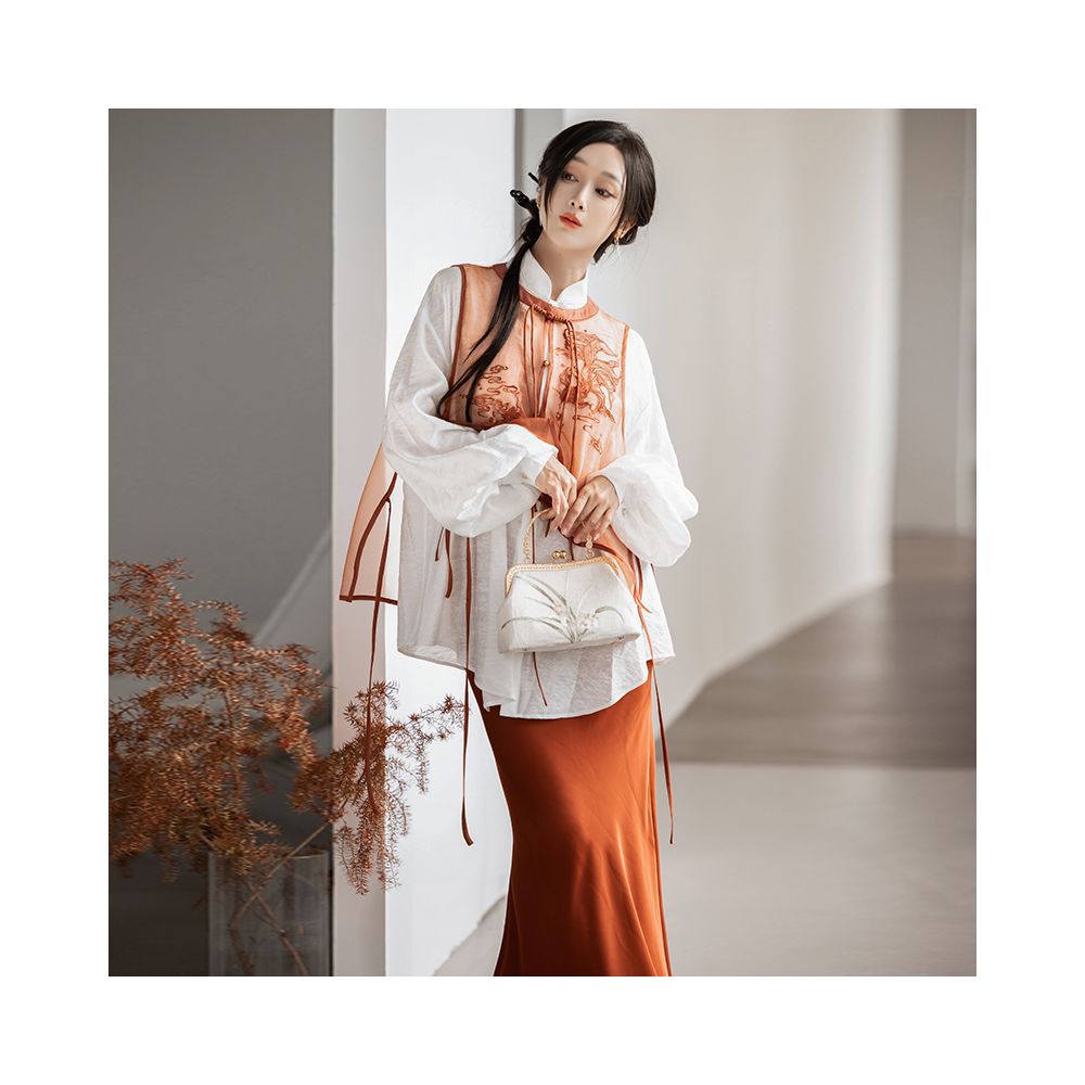 Dream Dream Carp National Style Original Innovation Chinese Embroidery Chinese Style Vest Stand up Collar Shirt Orange Red Slant Cut Fish Tail Skirt Autumn image 5