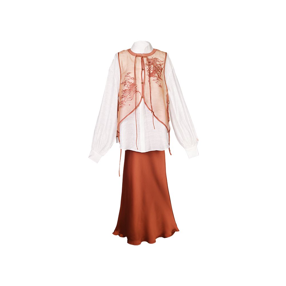 Dream Dream Carp National Style Original Innovation Chinese Embroidery Chinese Style Vest Stand up Collar Shirt Orange Red Slant Cut Fish Tail Skirt Autumn image 17