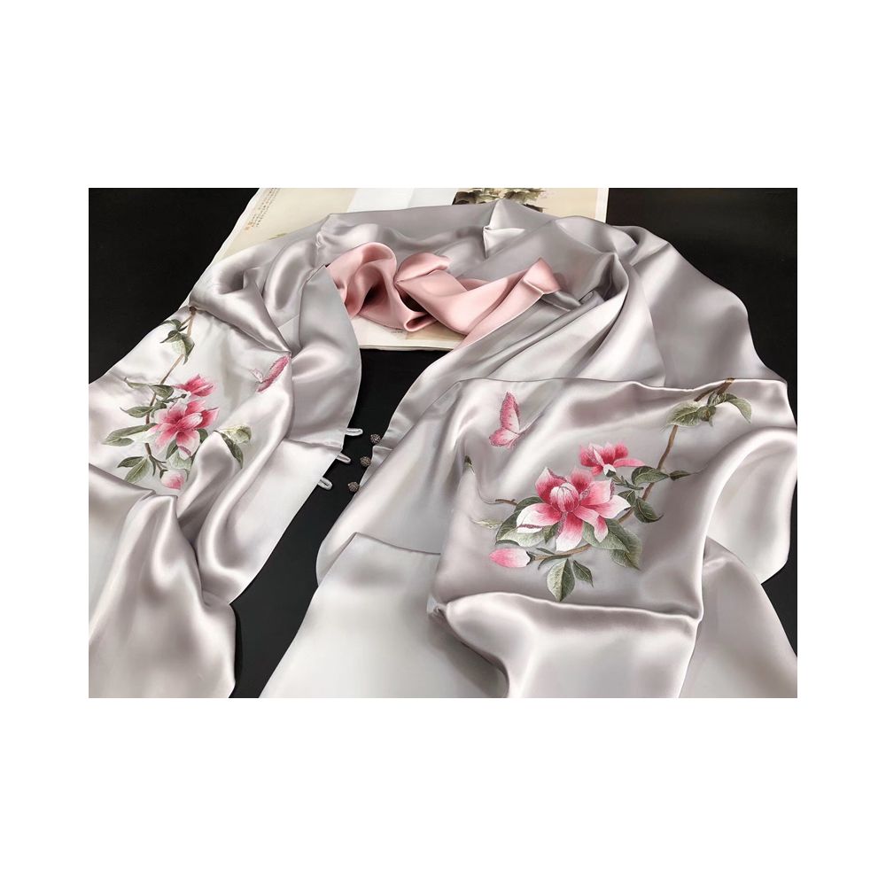 Pankou Gardenia Hangzhou Silk High end Silk Embroidered Scarf Women s Mulberry Silk Su Embroidery Flower Shawl Silk Scarf Gift image 4