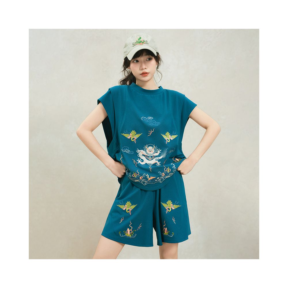 Original by Su Luo SOLO White Dragon Summer China Chic Embroidery Loose Top Casual Shorts Sportsuit image 1