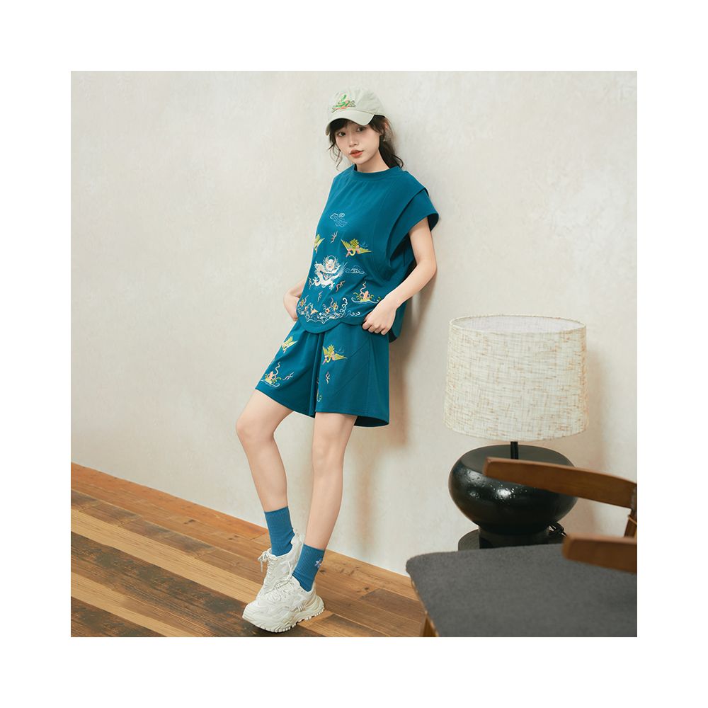 Original by Su Luo SOLO White Dragon Summer China Chic Embroidery Loose Top Casual Shorts Sportsuit image 2