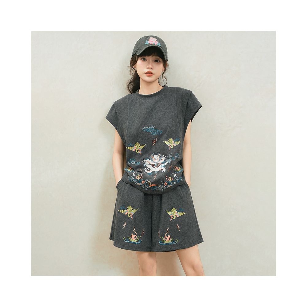 Original by Su Luo SOLO White Dragon Summer China Chic Embroidery Loose Top Casual Shorts Sportsuit image 3