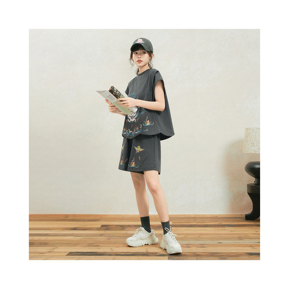 Original by Su Luo SOLO White Dragon Summer China Chic Embroidery Loose Top Casual Shorts Sportsuit image 4