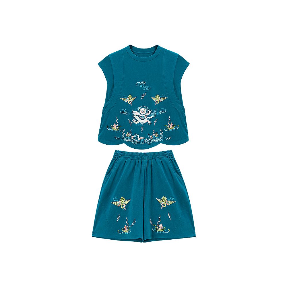 Original by Su Luo SOLO White Dragon Summer China Chic Embroidery Loose Top Casual Shorts Sportsuit image 5