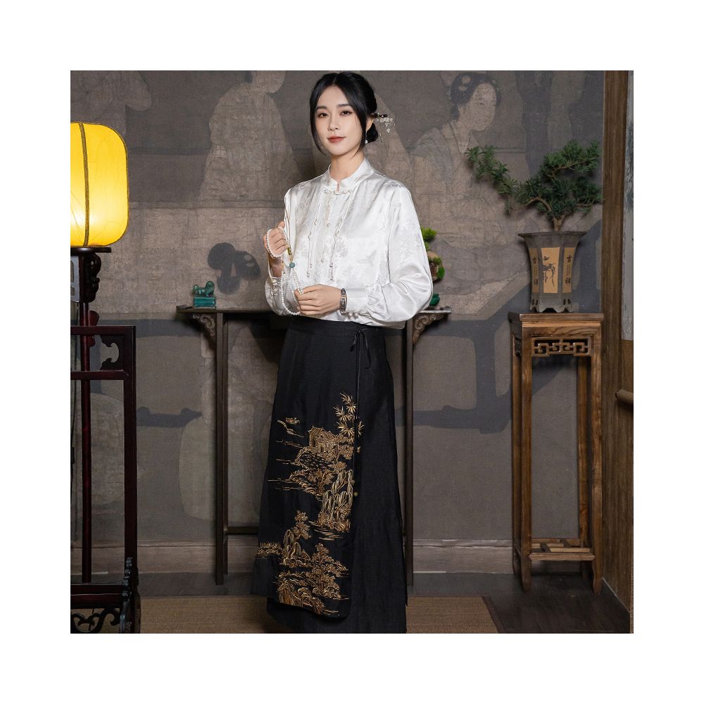 Yuanzhen new Chinese style retro embroidered black horse face skirt set 2024 new women s spring and summer half skirt image 2