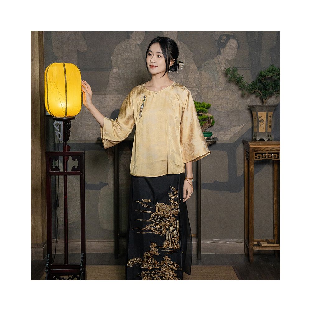 Yuanzhen new Chinese style retro embroidered black horse face skirt set 2024 new women s spring and summer half skirt image 4