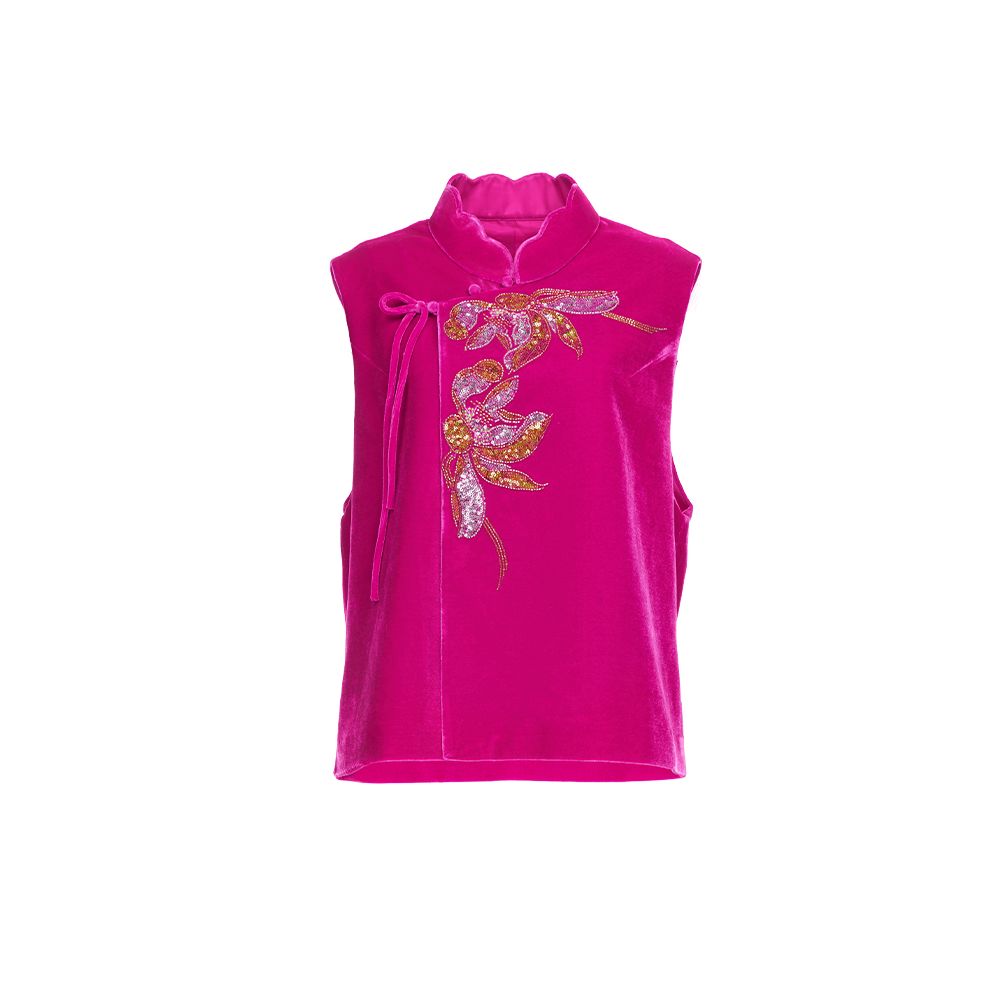 Hua Mu Shen Xin Chinese Embroidered Vest Women s New Style Glossy Velvet Vest Shoulder Chinese Style Standing Collar Red Clip image 7