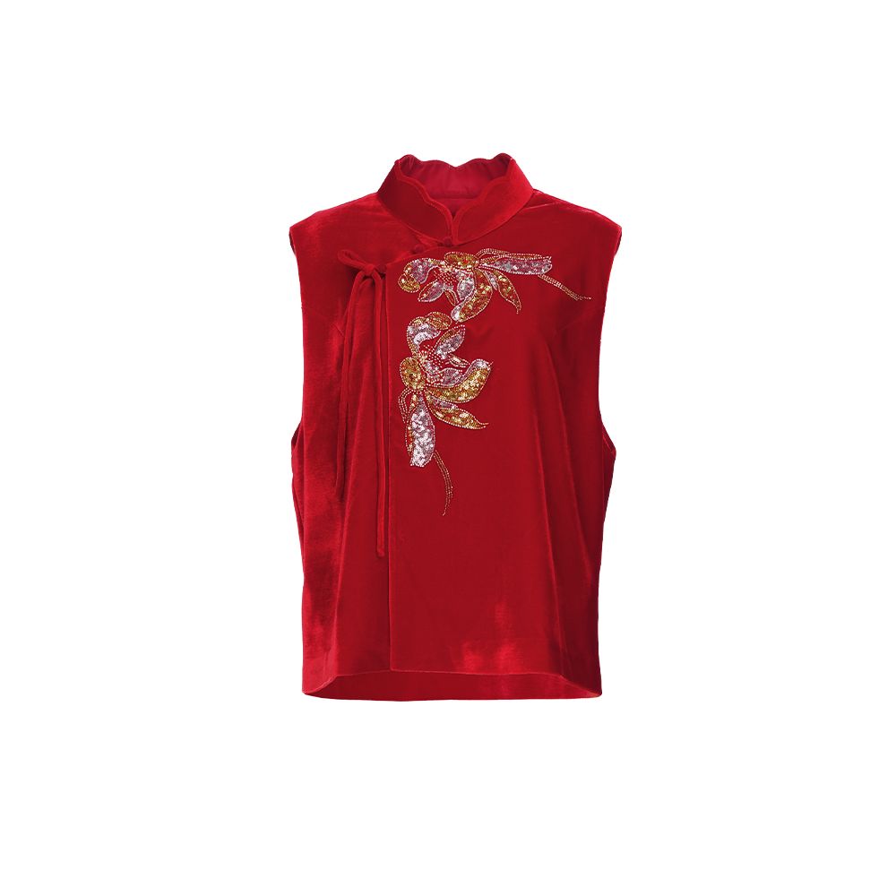 Hua Mu Shen Xin Chinese Embroidered Vest Women s New Style Glossy Velvet Vest Shoulder Chinese Style Standing Collar Red Clip image 8
