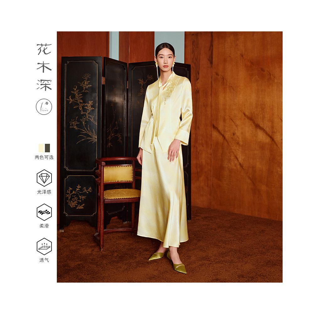 Huamu dark acetate shirt jacket women s long sleeves new style light Chinese style embroidered top waist tie new Chinese style shirt image 5