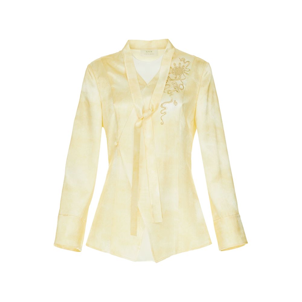 Huamu dark acetate shirt jacket women s long sleeves new style light Chinese style embroidered top waist tie new Chinese style shirt image 7
