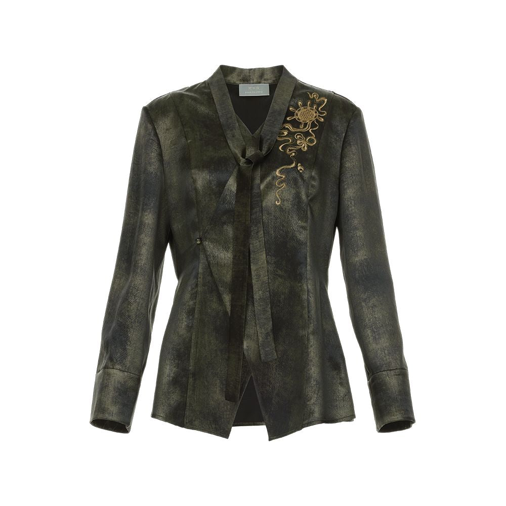Huamu dark acetate shirt jacket women s long sleeves new style light Chinese style embroidered top waist tie new Chinese style shirt image 8