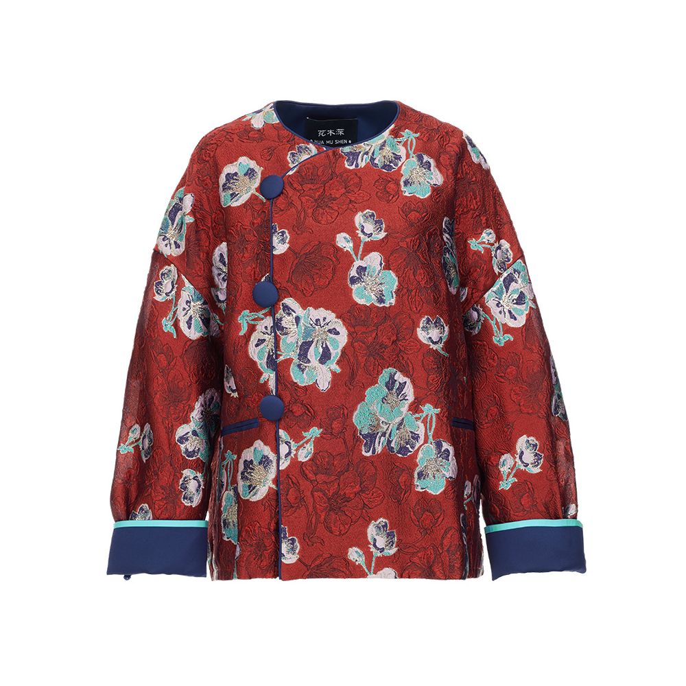 Hua Mu Shen Xin Chinese style red coat for women new casual light Chinese style jacquard outer cardigan round neck straight top image 7