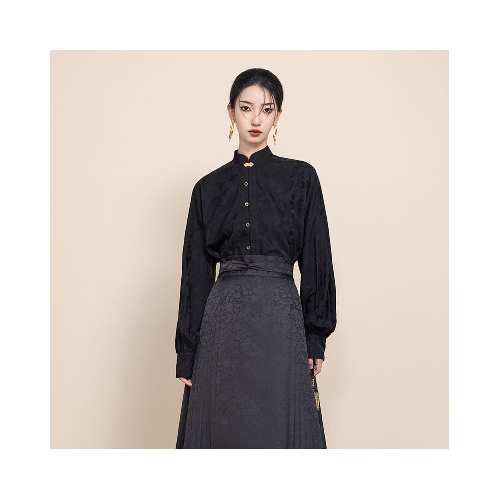 Stop at any time improve Hanfu black new Chinese style shirt women s 2025 autumn horse face skirt top Chinese style cardigan image 8