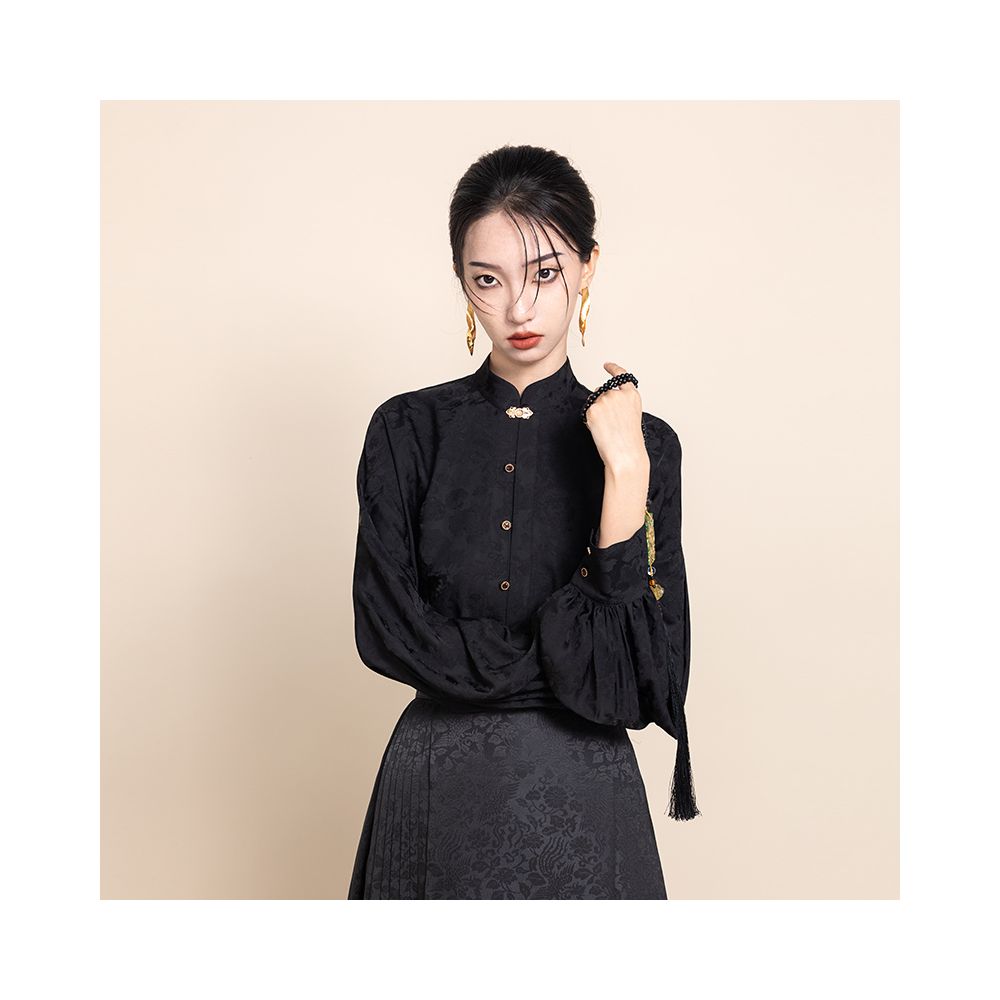 Stop at any time improve Hanfu black new Chinese style shirt women s 2025 autumn horse face skirt top Chinese style cardigan image 0