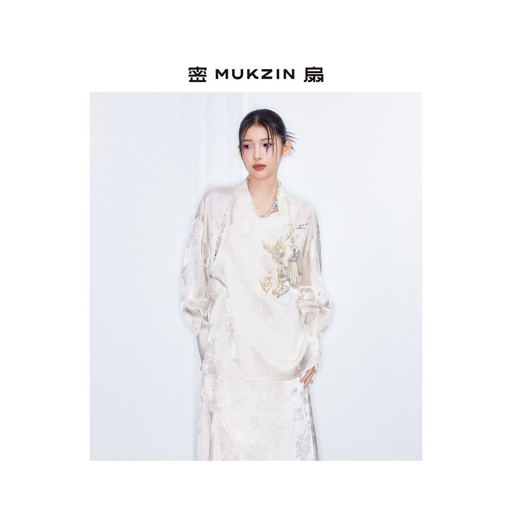 Mi Fan 2025 Spring Collection New Spring Song Sequence Series New Chinese Retro Shirt Chinese Style Rice White Slant Front Shirt Women s image 0