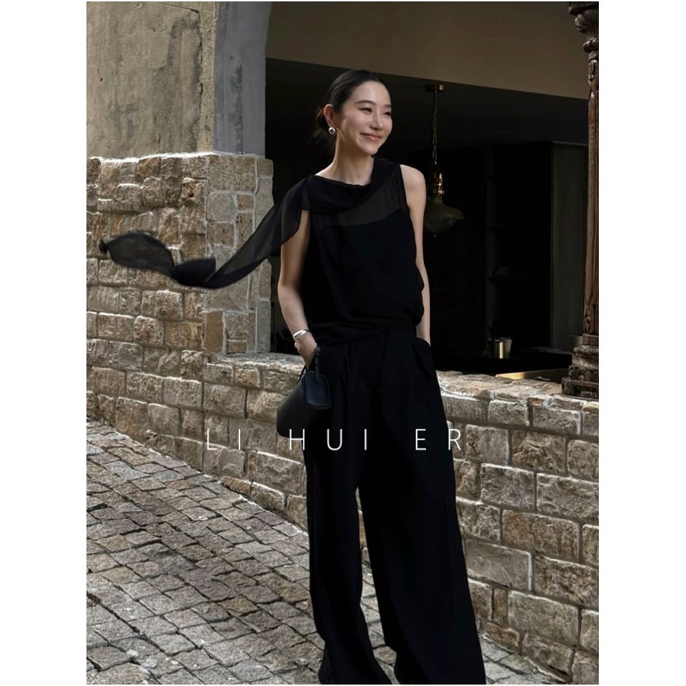 LiHuiEr Night Cicada Black Straight Leg Casual Pants niche design slim and hanging pants wide leg pants image 3