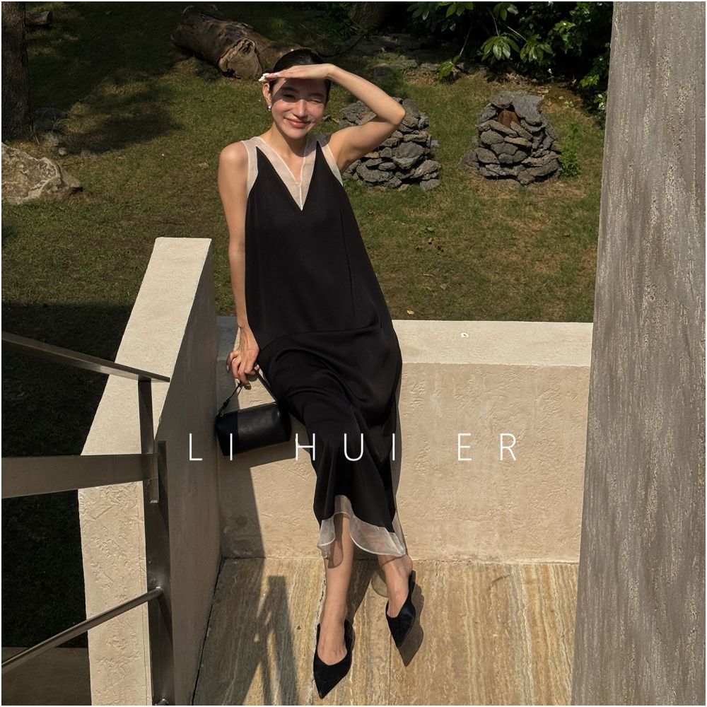 LiHuiEr Lofoten Islands Black Acetate Tank Top Skirt Design Sleeveless V neck Dress image 1