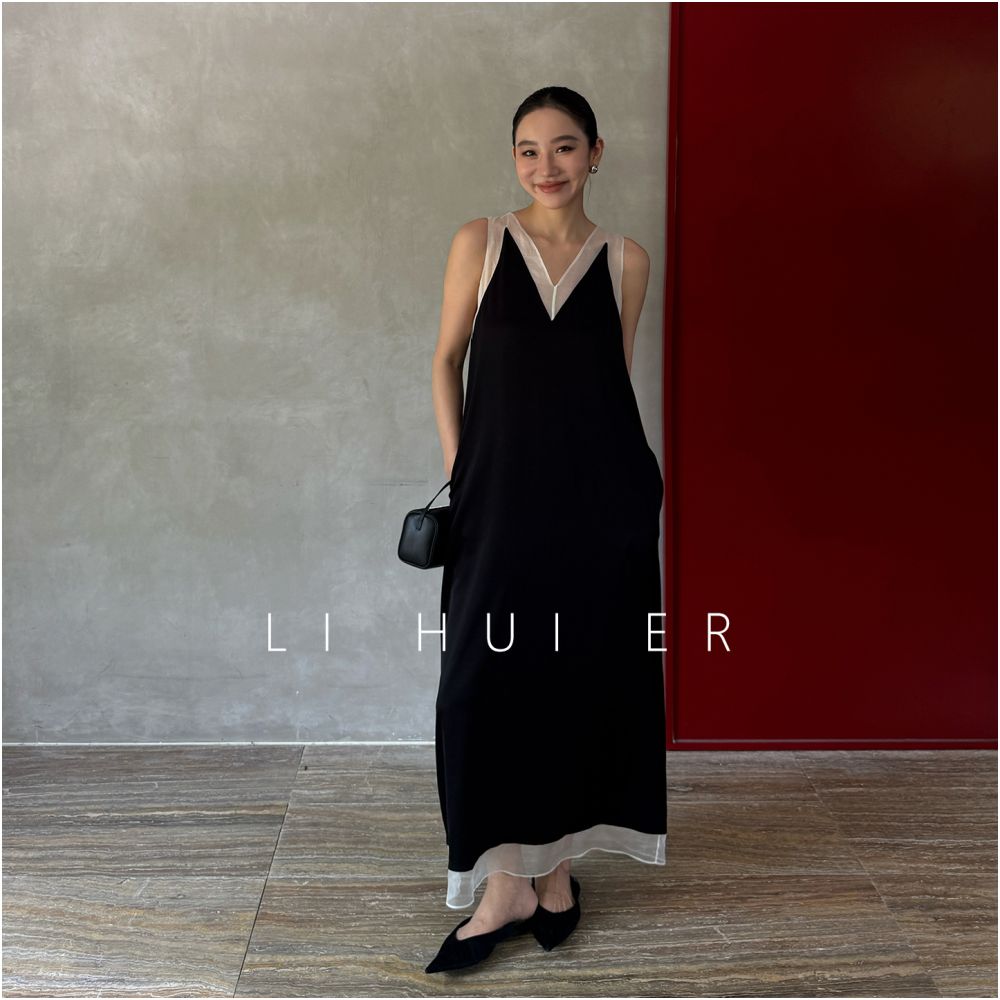 LiHuiEr Lofoten Islands Black Acetate Tank Top Skirt Design Sleeveless V neck Dress image 2
