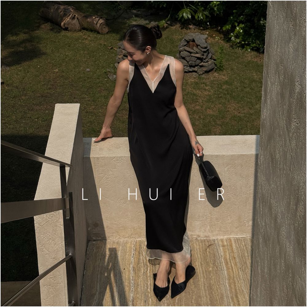 LiHuiEr Lofoten Islands Black Acetate Tank Top Skirt Design Sleeveless V neck Dress image 3