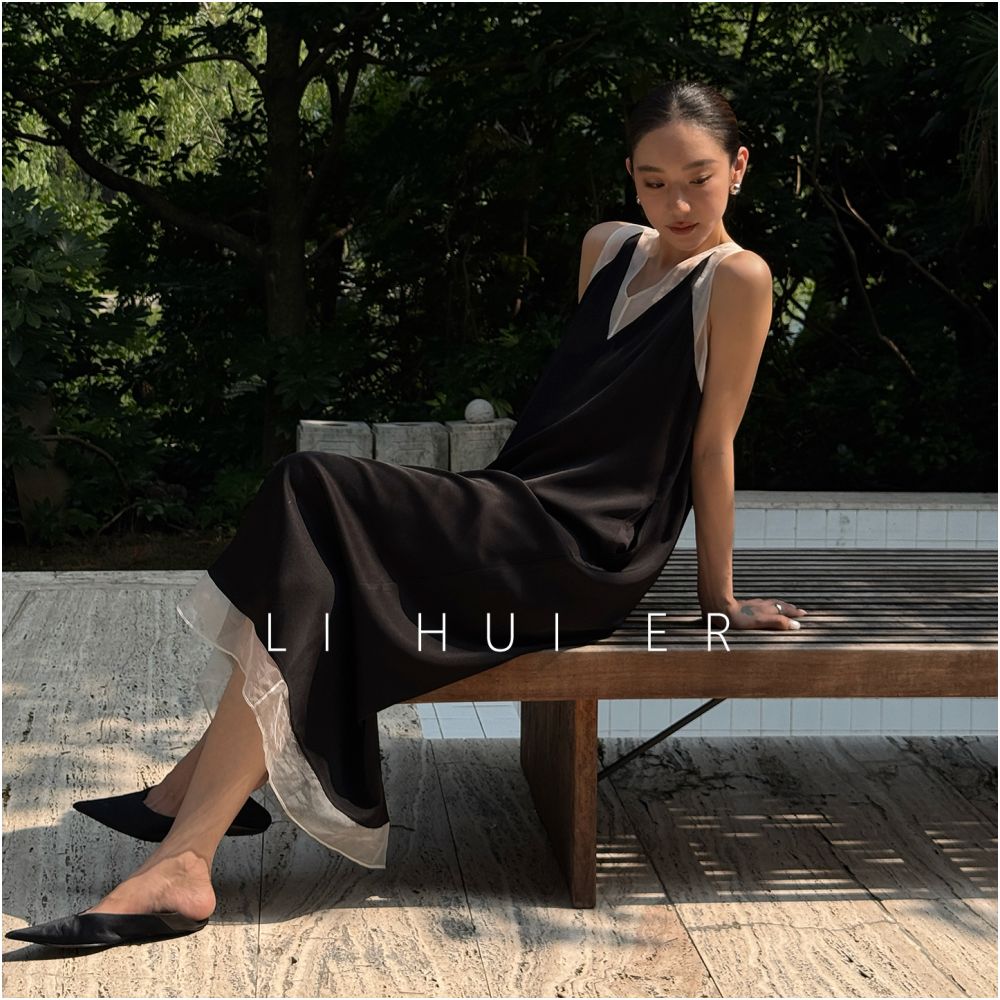 LiHuiEr Lofoten Islands Black Acetate Tank Top Skirt Design Sleeveless V neck Dress image 4