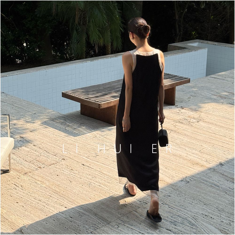 LiHuiEr Lofoten Islands Black Acetate Tank Top Skirt Design Sleeveless V neck Dress image 5