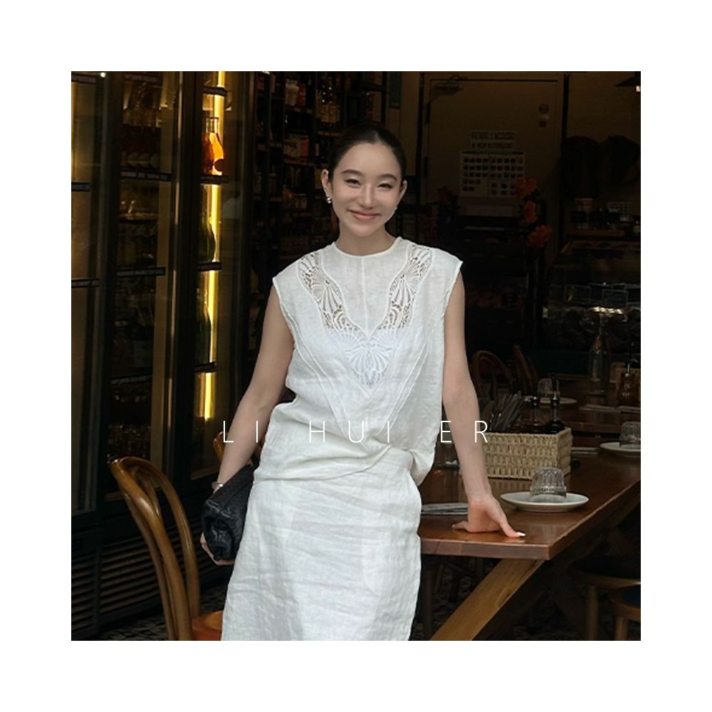Li Hui Er Summer Sleep Elegant Casual Sleeveless Top Hollow Design Vest Linen Shirt image 3