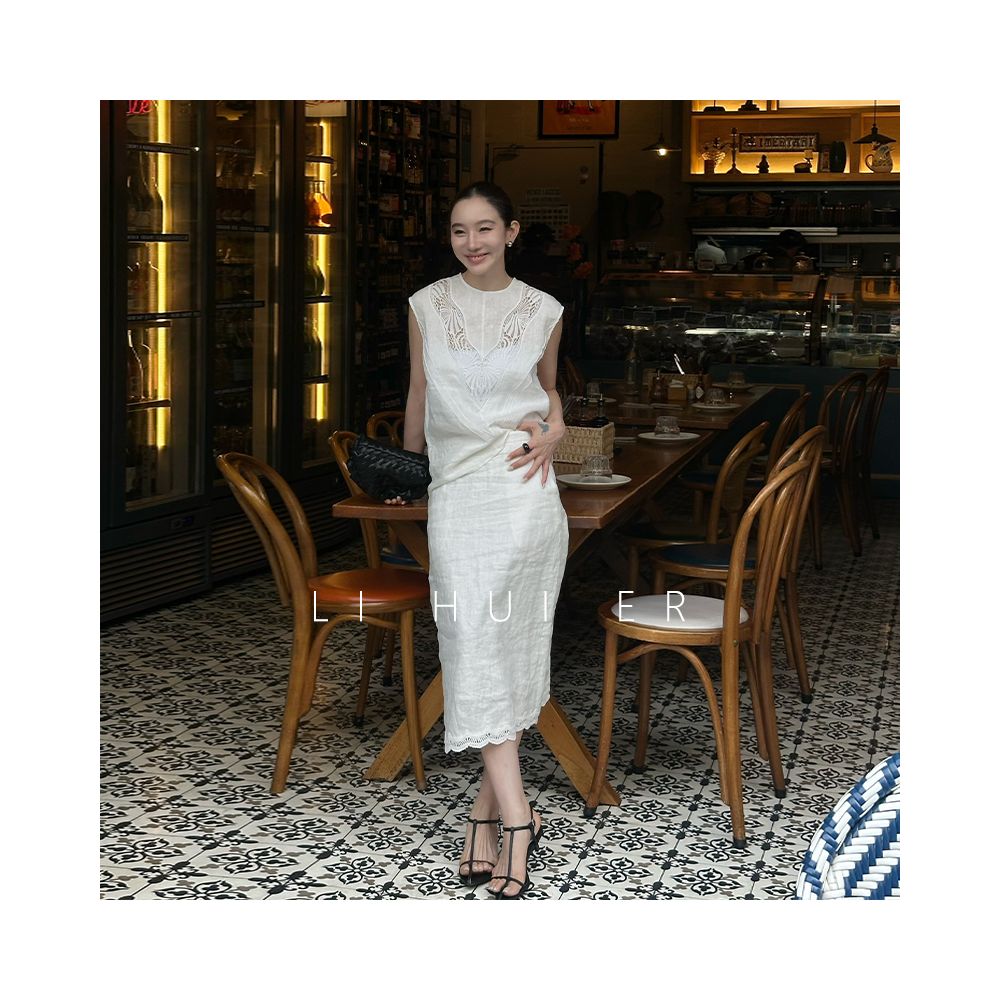 Li Hui Er Summer Sleep Elegant Casual Sleeveless Top Hollow Design Vest Linen Shirt image 0