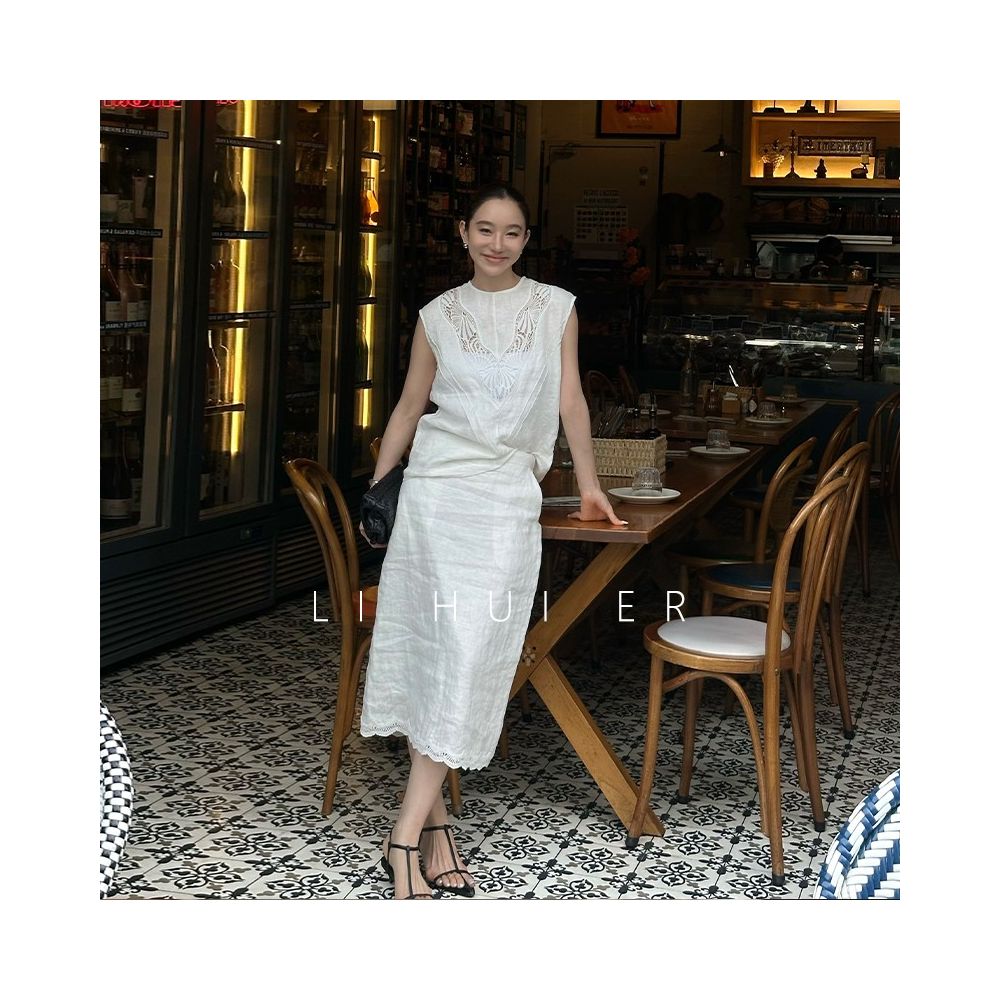 Li Hui Er Summer Sleep Elegant Casual Sleeveless Top Hollow Design Vest Linen Shirt image 5
