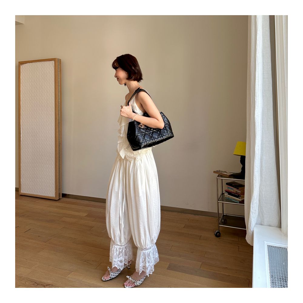 Fifth French design casual pants for women summer loose fit lace patchwork pleated cropped pants strolling lantern pants image 4