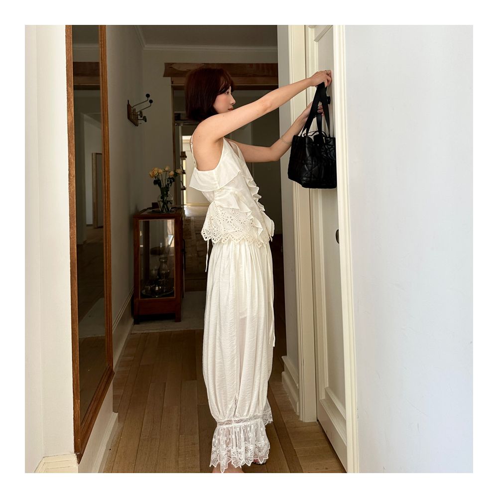 Fifth French design casual pants for women summer loose fit lace patchwork pleated cropped pants strolling lantern pants image 5