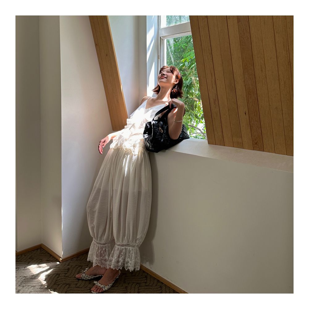 Fifth French design casual pants for women summer loose fit lace patchwork pleated cropped pants strolling lantern pants image 0