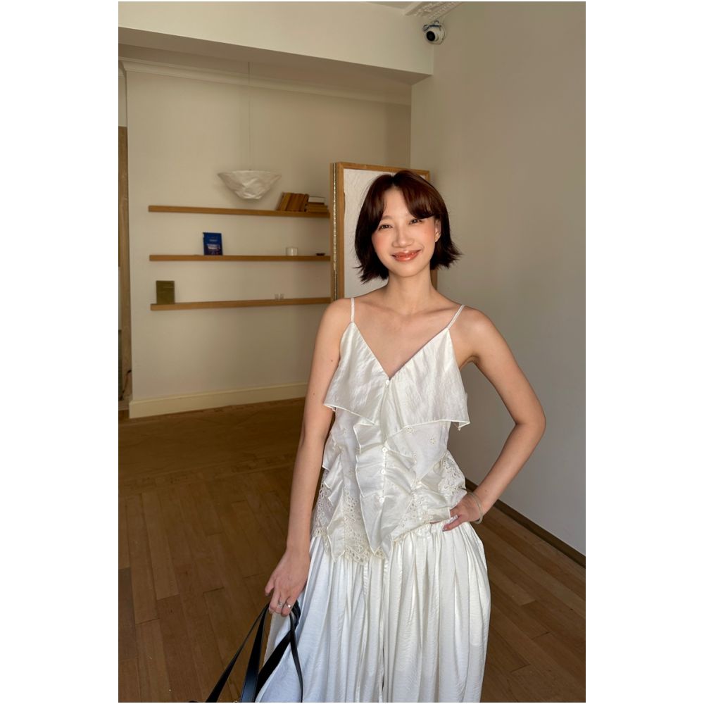 Fifth French design sense heavy embroidery camisole women s summer 2025 new style FFU ruffled V neck Tencel top image 6