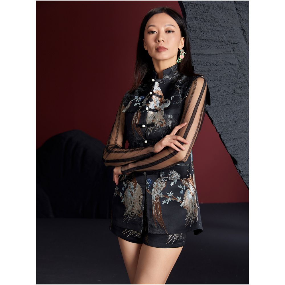 Fulang Original Women s Wear New Chinese Yapi Fan Vintage China Chic Tang Costume Panbuckle Slim Fit Vest Shorts Set image 4