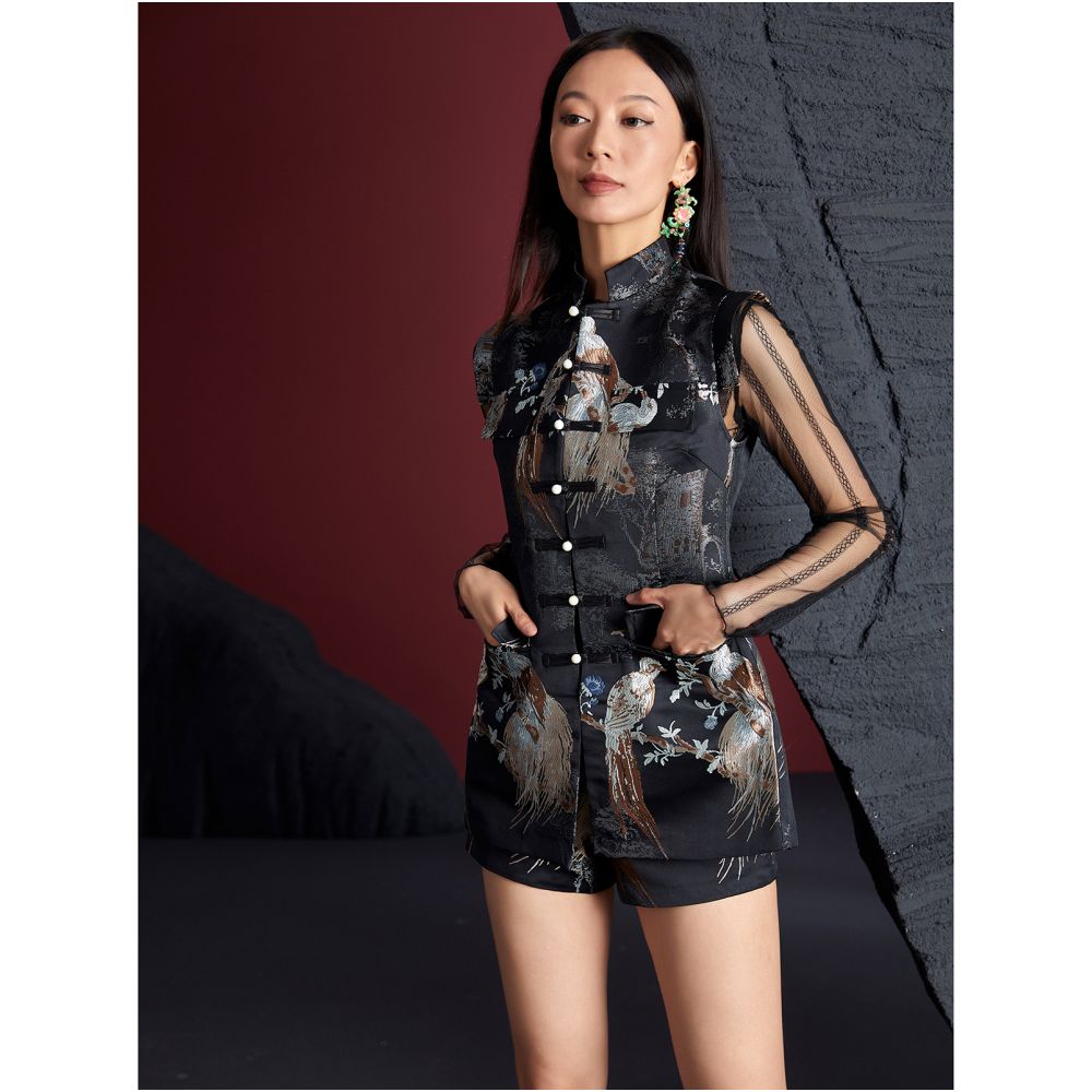 Fulang Original Women s Wear New Chinese Yapi Fan Vintage China Chic Tang Costume Panbuckle Slim Fit Vest Shorts Set image 6