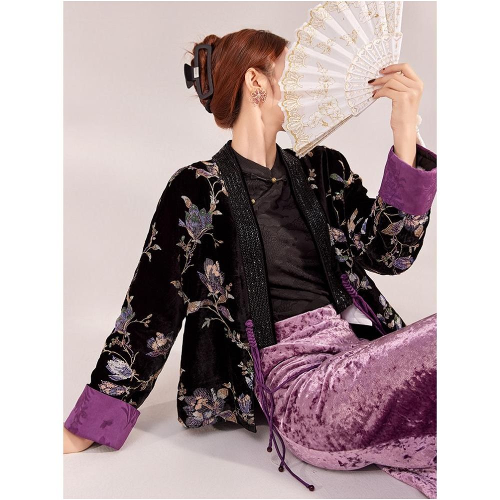 Tang Dou Gao Dingmeng Purple Vine New Chinese style cotton cardigan light luxury Chinese style nail bead embroidered cotton jacket women s winter jacket image 2
